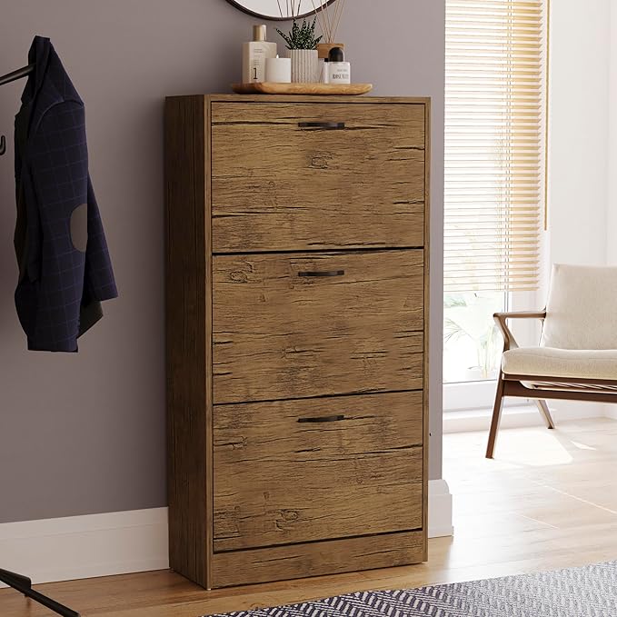 Vida Designs Shoe Cabinet, Wooden Shoe Storage Unit with 3 Pull-Down Drawers, Multifunctional Dust-Proof Space-Saving Slim Cupboard for Hallway or Entryway (Antique Brown)