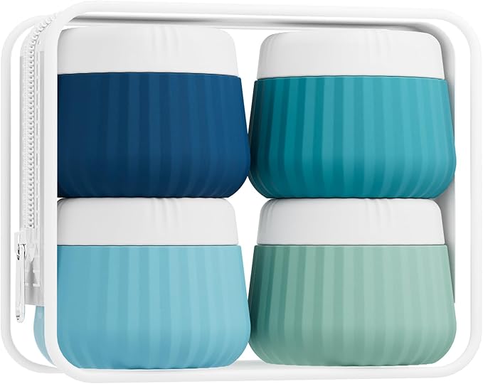 Travel Containers for Toiletries 4 Pack, TSA Approved Travel Size Toiletries, Portable Size Containers, With Clear Bag Leak Proof Silicone Jars, Essentials Creams Jars Carrying Small Items