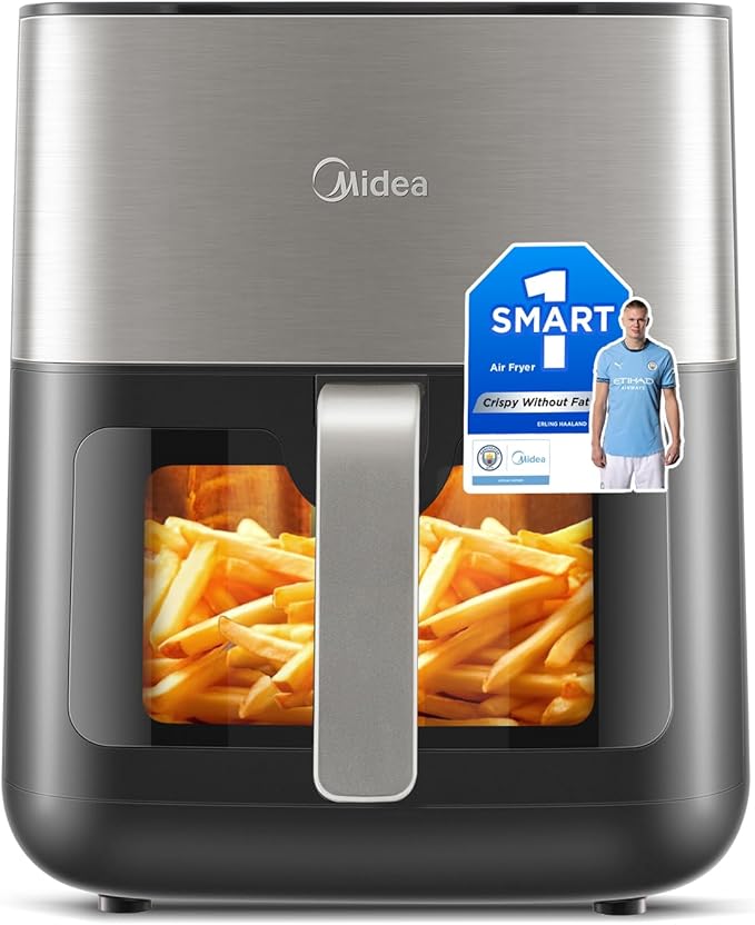 Midea 6.5L Digital Air Fryer with Dual Heating Tubes, 10-in-1 Functions, Max Crisp Technology, Visible Window, LED Touch Control, Oil-Free Cooking, Black/Steel