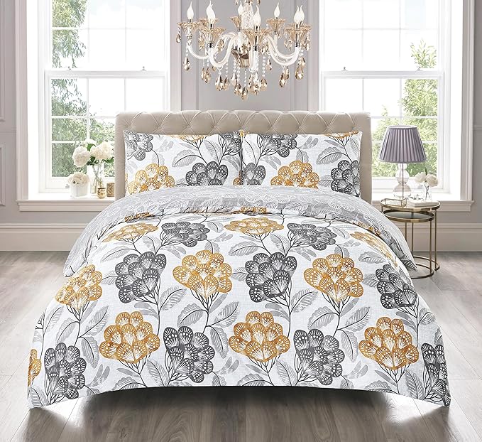 PRIME LINENS Duvet Cover Set 4 Pcs Polyester-Cotton Quilt Cover Bedding Set With Pillow Cases and Extra Fitted Sheet Included (Bloom Ochre, King)