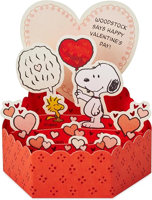Hallmark Mini Valentines Day Card, 3D & Pop Up PEANUTS SNOOPY & WOODSTOCK Design, Red