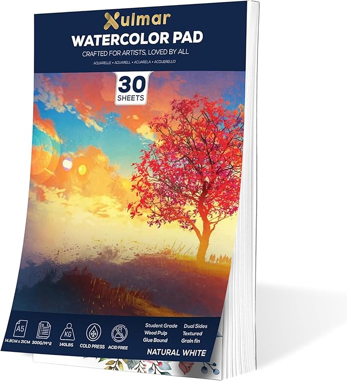 Xulmar Watercolour Paper Pad - A5x 30 Sheets, 300 GSM Cold-Pressed 100% Acid-Free pulpwood Material | Natural White, Glue-Bound for Watercolor Painting