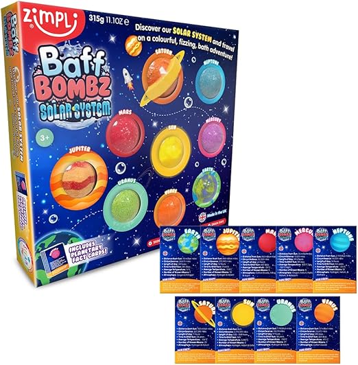 ZIMPLI - 9 x Solar System Baff Bombz, 9 x Planetary Fact Cards, Educational Planet Bath Bombs for Kids, Learning Science Kit, Xmas Gift for Boys & Girls