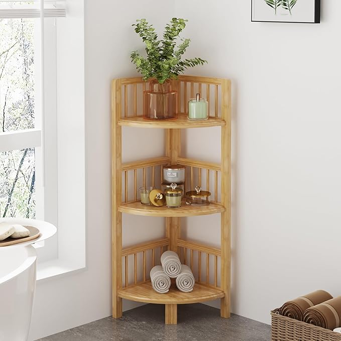 Dripex Bamboo Corner Shelf, 3 Tier Free Standing Shelves, Floor Storage Shelving Unit for Bathroom, Living Room, Bedroom, Balcony or Office