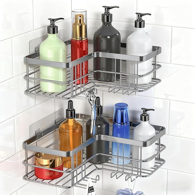 Yazoni Corner Shower Caddy, Adhesive Shower Organizer Corner, Bathroom Shelves Shampoo Holder with Hooks, Rust-proof Stainless Steel