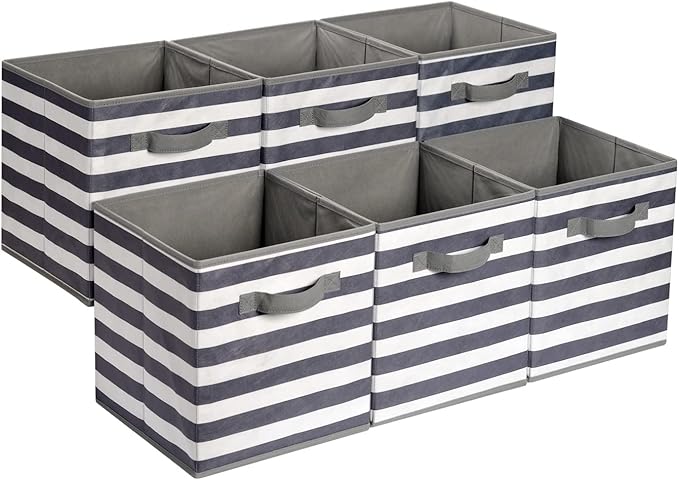 Amazon Basics Collapsible Fabric Storage Cube/Organiser with Handles, Pack of 6, 33x33x33 cm, Awning Stripe White/Light Grey