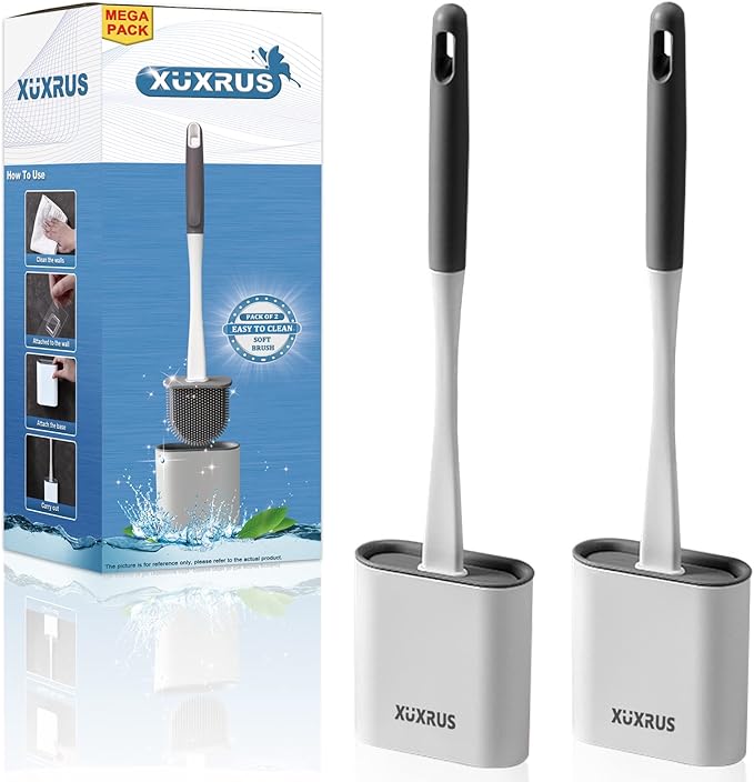 XUXRUS Silicone Toilet Brush with Quick Drying Holder Set -2Pack, Bathroom Toilet Brushes Set with No-Slip Silicone Handle & Anti-drip Base (Flooring/Wall Mounted) -White
