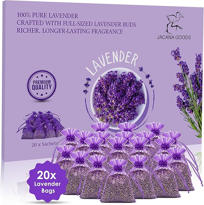 English Lavender Bags – Natural Moth Repellent & Air Freshener – Set of 20 – Air Freshener for Wardrobes, Drawers, Bathrooms, Clothes Storage – 100% Organic Premium Lavender