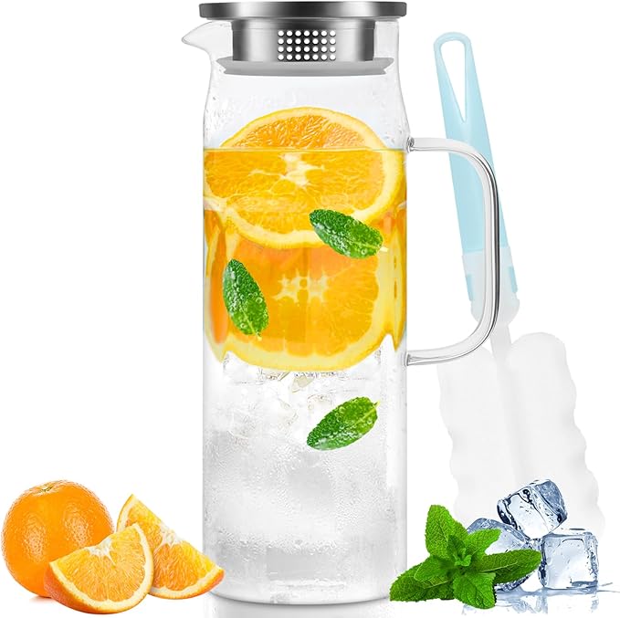 Yirilan Glass Jug with Lid, Glass Pitcher, Glass Water Carafe with Lid, Borosilicate iced Tea Pitcher,51 oz/1.5 Liter