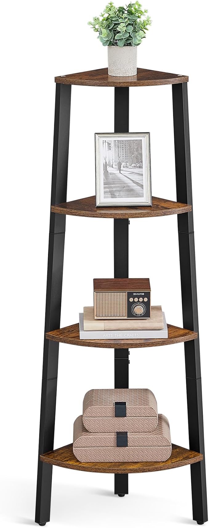 VASAGLE - Corner Shelf Bookcase - 4 Tier Ladder Shelf - Storage Unit, Plant Holder for Living Room - Industrial Style with Steel Frame - Rustic Brown and Black - LLS34X