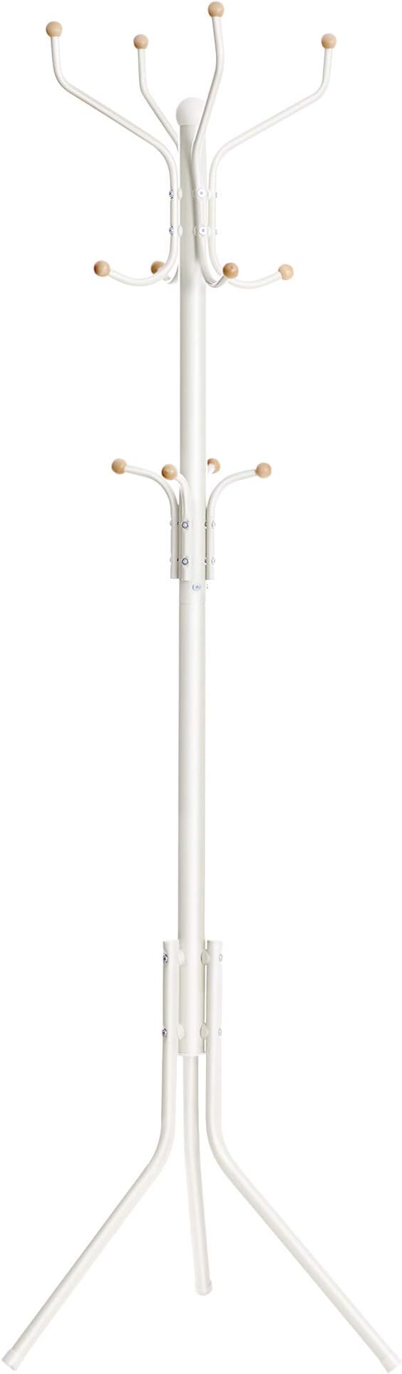 SONGMICS Coat Rack Stand, Coat Tree, Metal Hall Tree, Free Standing, 49 x 182 cm, 12 Hooks, for Clothes, Hats, Bags, White RCR19W
