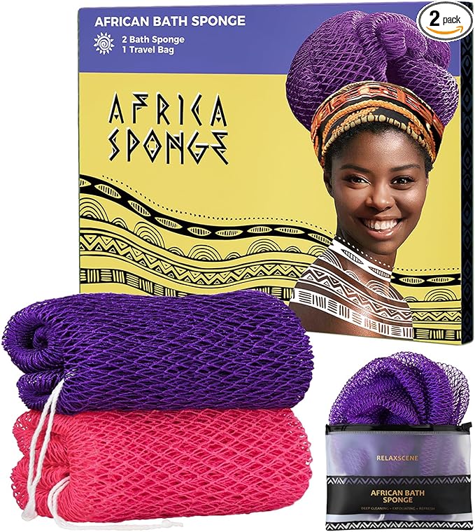 African Net Sponge Authentic - 2 Pieces Loofah Exfoliating Body Scrubber Bath Sponge - Back Scrubber Washcloth for Shower - Real African Scrub Exfoliator Body Care Bathing Accessories for Women