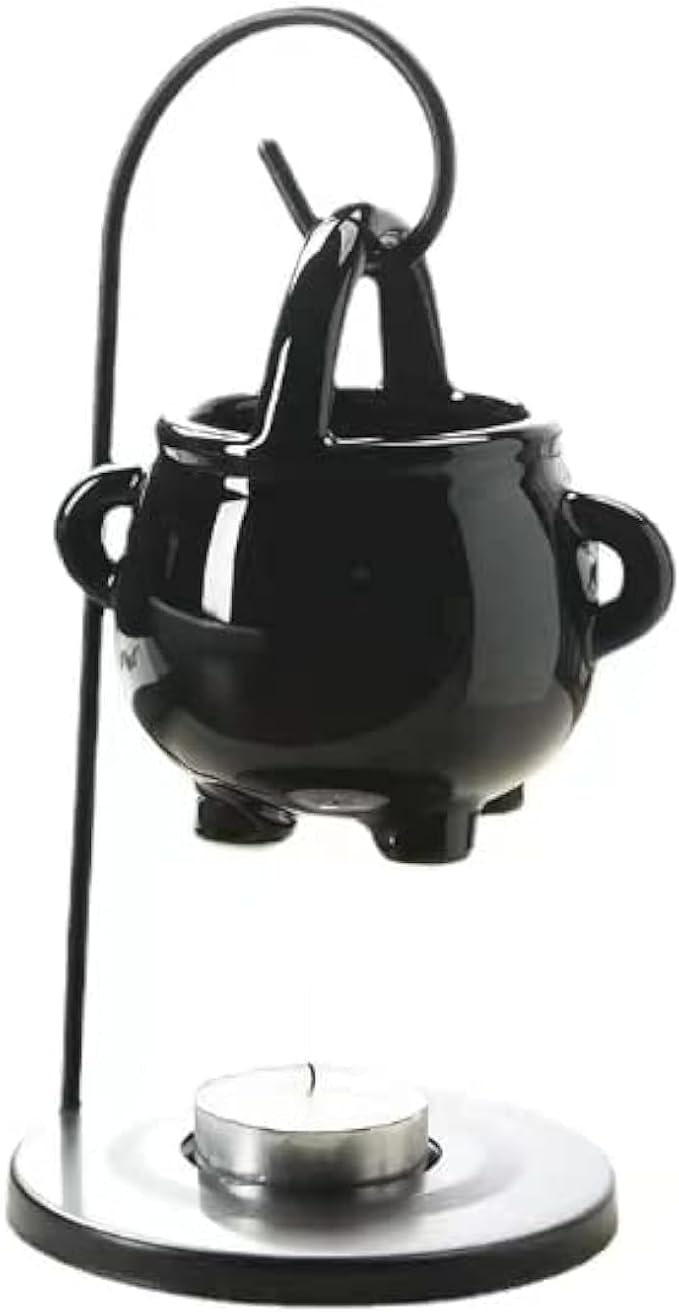 Hanging Pagan Cauldron Oil Burner, Black Wax Warmer Aroma Diffuser, with Handle, for Essential Scented Wax, Enchanting Witch Home Decor Element.