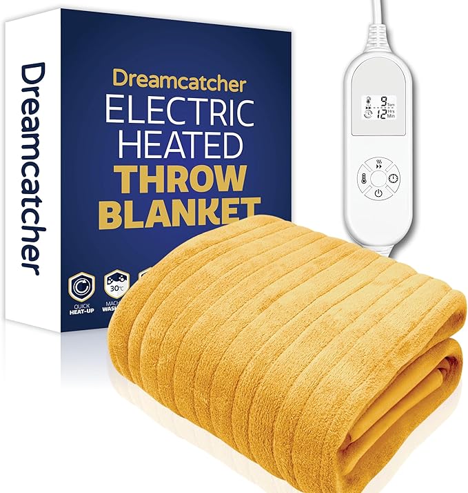 Dreamcatcher Gold Heated Throw Electric Blanket, 160 x 120cm Heated Blanket Machine Washable Soft Fleece Electric Throw Overblanket with 12HR Timer and 9x Control Heat Settings