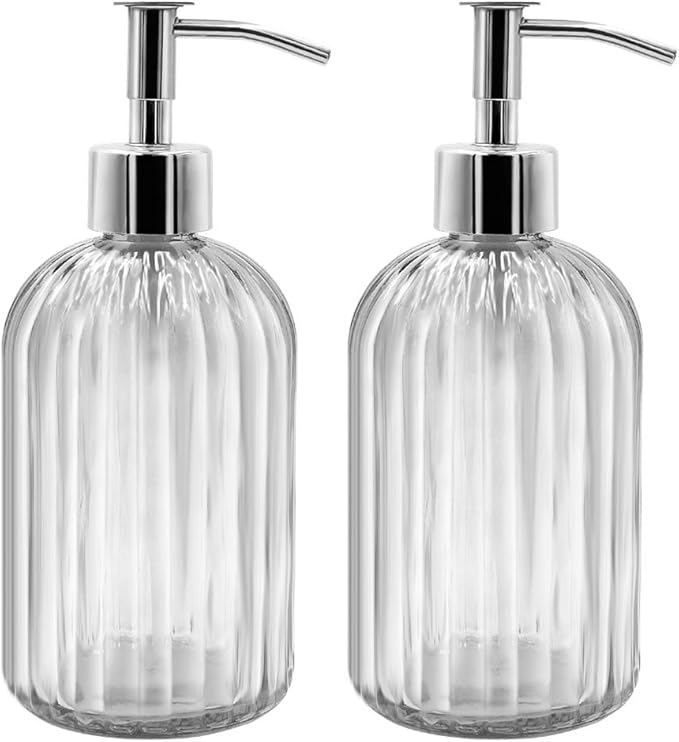 2 Pack Glass Soap Dispenser Bottle with Pump, 14 Oz Refillable Liquid Hand Jar Dispenser for Bathroom, Countertop, Kitchen, Laundry Room (Transparent)
