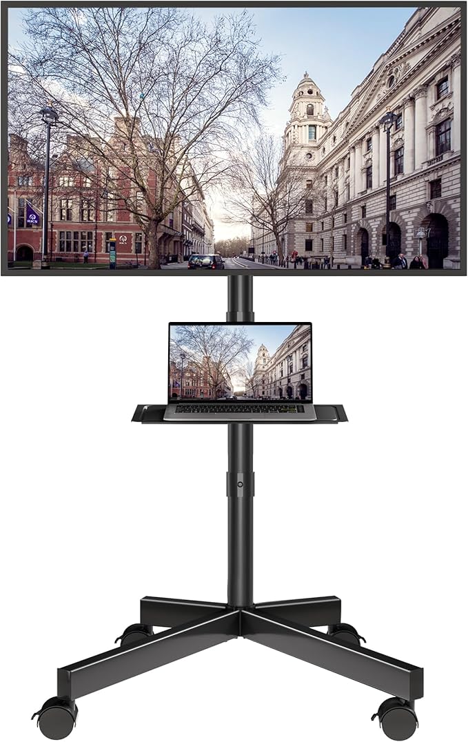 BONTEC Mobile TV Stand on Wheels, Rolling TV Cart with Media Shelf, TV Mount Stand with Tilt, 2-Level Height Adjustable Low-Profile Design for 23–60in LED/LCD/OLED TVs, Holds 25kg, Max VESA 400x400mm
