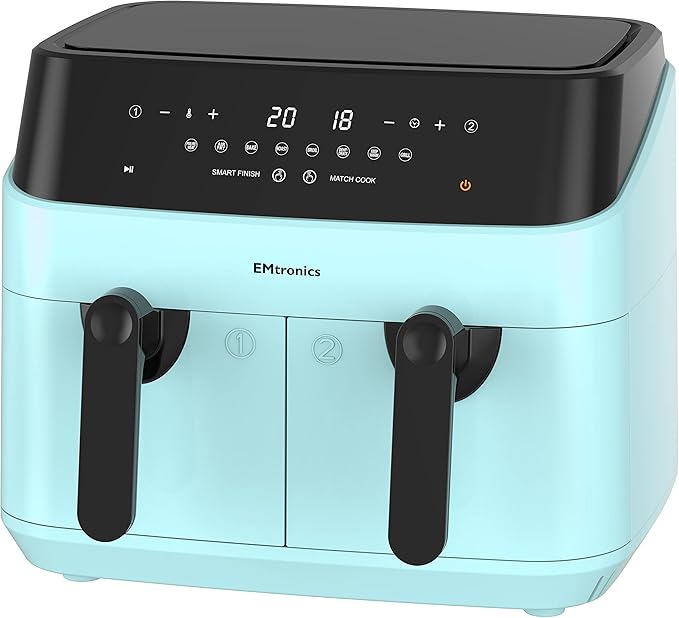 EMtronics EMAFDD9LAQ Dual Air Fryer Extra Large Family Size Double XL 9 Litre, 8 Adjustable Pre-Set Menus for Oil Free & Low Fat Healthy Cooking, Easy Clean Metal Interior, 99-Minute Timer - Aqua Blue