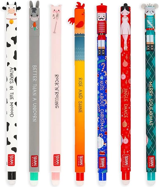 LEGAMI Set of 7 Farmyard and Nutcracker Gel Pens, Pens with Erasable Thermosensitive Ink, Range of Ink Colours, Erase Without Using Up the Paper, 0.7mm Tip
