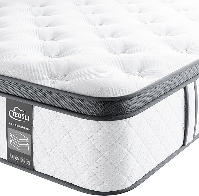 TeQsli 4FT6 Double Mattress 10 Inch Gel Memory Foam Pocket Spring Hybrid, Medium Firm Orthopedic Mattress Back Pain Relief - Edge Support & OEKO-TEX Certified 135x190x25cm