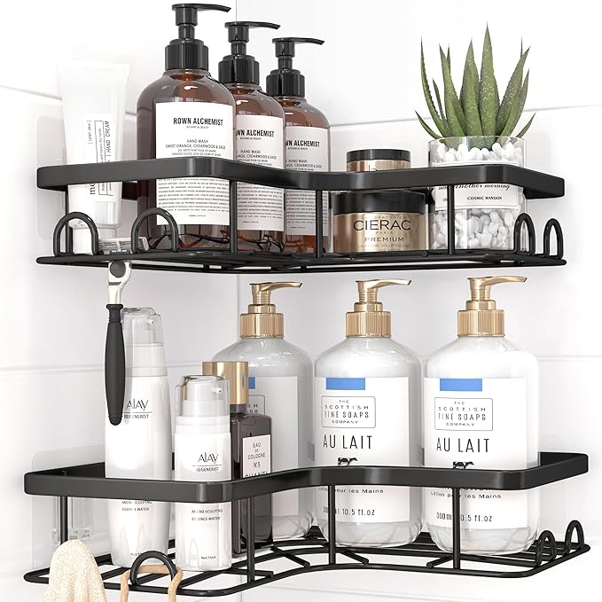 Kitsure Corner Shower Caddy - 2 Pack Rustproof Shower Organizer, Durable Shelf with Large Capacity, Drill-Free Adhesive Bathroom Shelves with 4 Movable Hooks, a Soap Holder, 4157