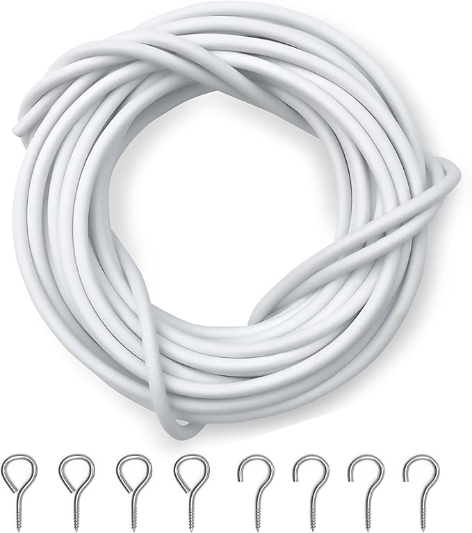 Net Curtain Wire and Hooks Set - 3 Meter Curtain wire kit with 4 Eyes & 4 Hooks - A multipurpose wire suitable for net curtains for windows - Durable wire set for window net curtain