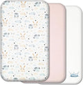 Next to Me Crib Sheets - 3pc Crib Fitted Sheet Set - 2 Fitted Cotton Sheets and 1 Waterproof Mattress Protector for Bedside Cribs - 100% Organic Cotton - Made in Europe (Cute Animals&Dots, 83x50cm)