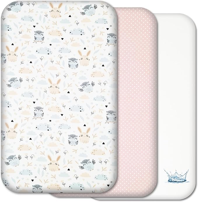 Next to Me Crib Sheets - 3pc Crib Fitted Sheet Set - 2 Fitted Cotton Sheets and 1 Waterproof Mattress Protector for Bedside Cribs - 100% Organic Cotton - Made in Europe (Cute Animals&Dots, 83x50cm)