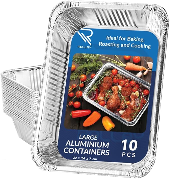 10 Pack Large Aluminium Foil Trays Deep (32x26x7 cm) - Tin Foil Trays Containers for Cooking, Baking, Broiling, Roasting, BBQ, and Party (3500ml)