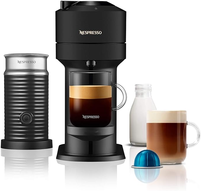 Nespresso Vertuo Next Coffee Machine by De'Longhi with Aeroccino Milk Frother, Over 30 Varieties of Pods, 6 Coffee Cup Sizes, Latte, Cappuccino, Starter Capsule Set Included, EN120.BMAE, Matte Black