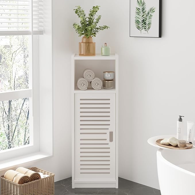 Dripex 3 Tier Bathroom Floor Cabinet, White Storage Cabinet with Door, Free Standing Shelf Unit for Bathroom, Living Room, Bedroom, Kitchen, Balcony or Office (Door Style 2)