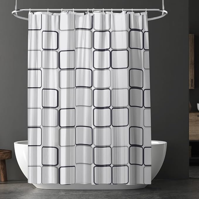 URAQT Shower Curtain Anti Mould, Waterproof PEVA Bath Curtains, Mildew Resistant Bathroom Shower Curtains with 12 Hooks, Printed Bathtub Curtains for Bathtub Shower Stall, 180 x 180 cm, Blocks Pattern