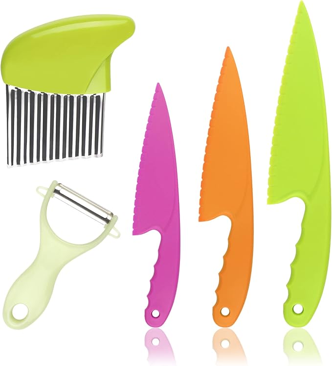 Toddler Knife, 5pcs Kids Knife Set, Plastic Child Safe Knives in 3 Sizes, Serrated Edges with Crinkle Cutter, Peeler for Fruits Vegetables Salad Cake