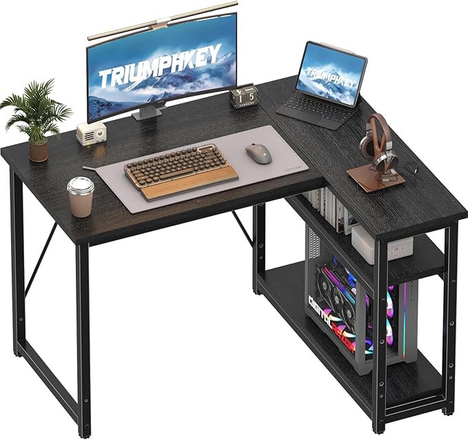 100 * 80cm L Shaped Computer Desk with Reversible Large Storage Shelves, Corner Desk Computer Workstation Matching Under Desk Height Adjustable Storage, Home Office Work Table Black