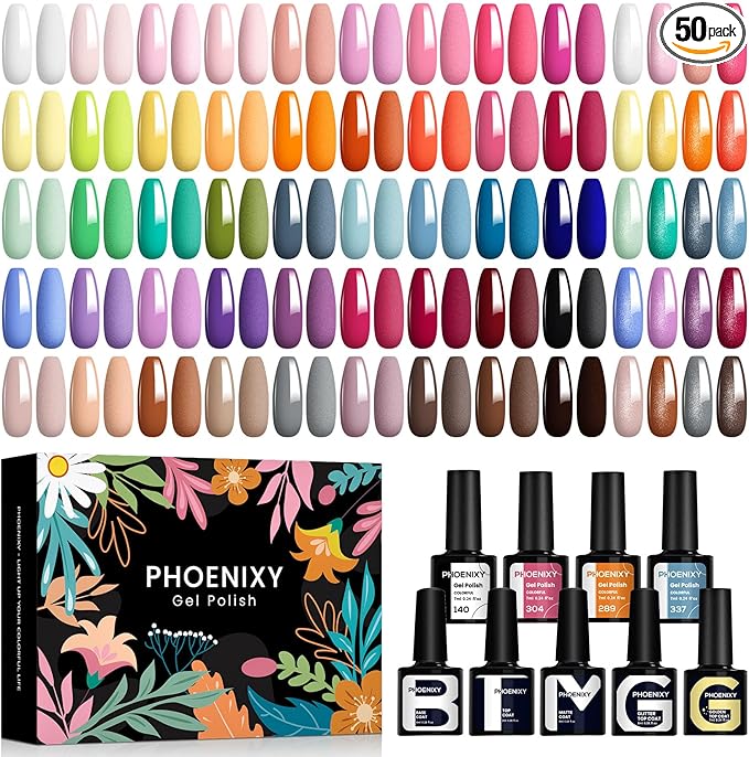 Phoenixy Gel Nail Polish Set - 50pcs UV Nail Polishes 7ml Nail Varnish with Base Top Matte Glitter Golden Coat Gel Polish Set Nail Varnish Sets Gift for Women