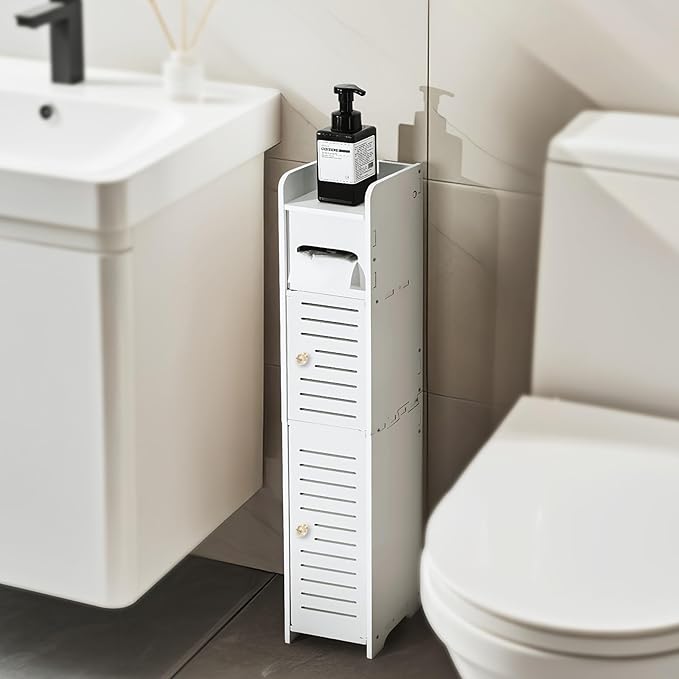 Toilet Roll Holder Free Standing with Storage Shelf, Toilet Paper Stand with Crystal Door Handle, Waterproof Bathroom Storage Tissue Cabinet Organiser for Loo Small Space, White