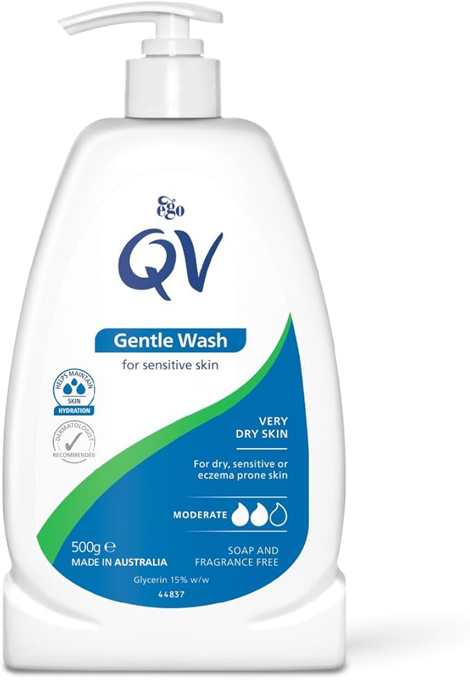 QV Gentle Wash (500g) for Dry, Sensitive Skin, pH Balanced, Unscented, Soap Free, Moisturising Soap alternative that lathers for Dry Skin Eczema, Psoriasis, Dermatitis for whole body
