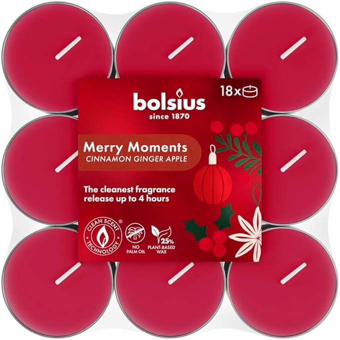 Bolsius - Merry Moments - Scented Tea Lights - Burning time of 4 Hours - Natural extracts – Contains Vegan Wax – Palm Oil-Free