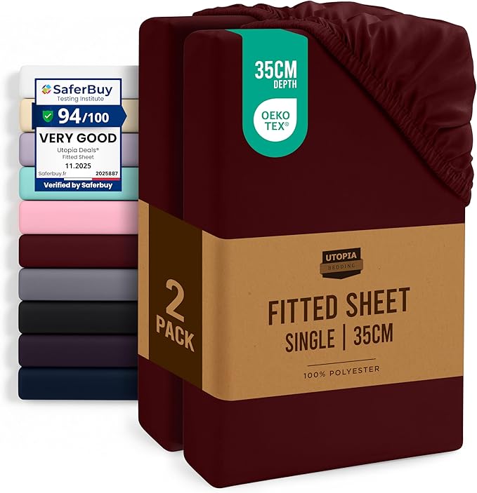Utopia Bedding Fitted Sheet Single (2 Pack), Burgundy - Deep Pocket 14 inch (35 cm) - Oeko Tex Certified - Easy Care - Soft Brushed Microfibre Fabric - Shrinkage and Fade Resistant - Bottom Sheet
