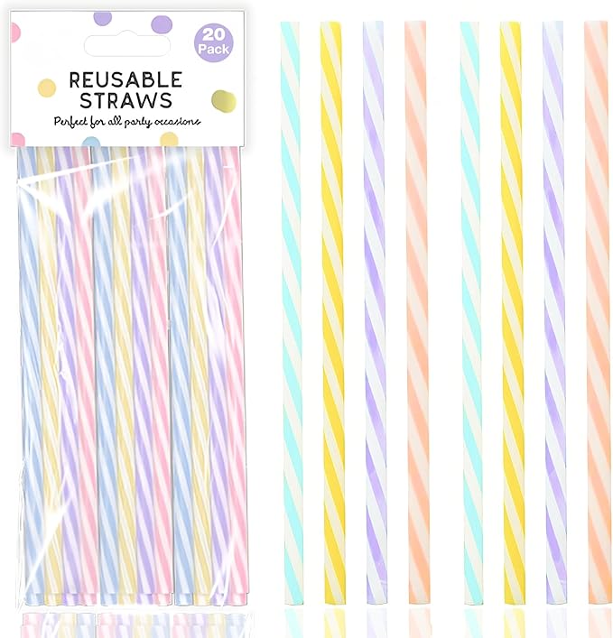 20 Reusable Pastel Plastic Straws 19cm - Drinking for Smoothies, Juice, Cocktails, 4 Pastel Colours, Great for Parties and All Occassions, Multicoloured, 7mm Diameter
