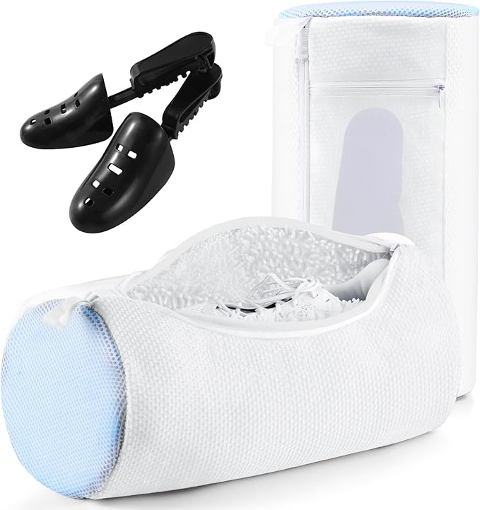 Shoe Washing Machine Bag 2 Pack, 360° Wrap-Around Cleaning Trainers Laundry Bags With Mesh Pockets 3 In 1 Clean, Reusable Sneaker Washing Bag With Shoe Trees, Hidden Zipper, White