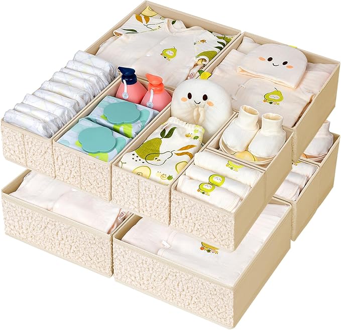 DIMJ 12 Pack Teddy Dream Drawer Organiser Set, Wardrobe Storage Organiser, Foldable Drawer Dividers for Clothes,Underwear,Socks, Bra,Jeans, Beige