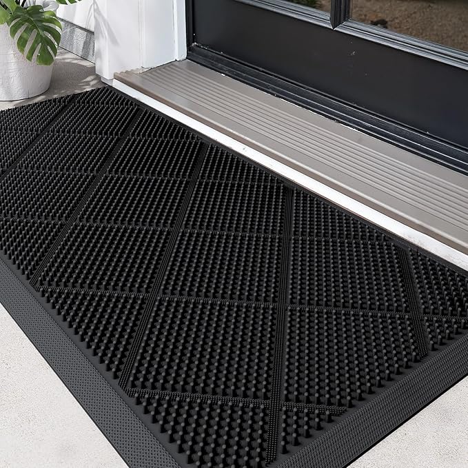 DEXI Door Mat, Non-slip Heavy Duty Dirt Scraper Outdoor Mats with Drainage Holes, Waterproof Low Profile Doormats Outside for Entrance, Patio, Garden, 43 x 90 cm, Black