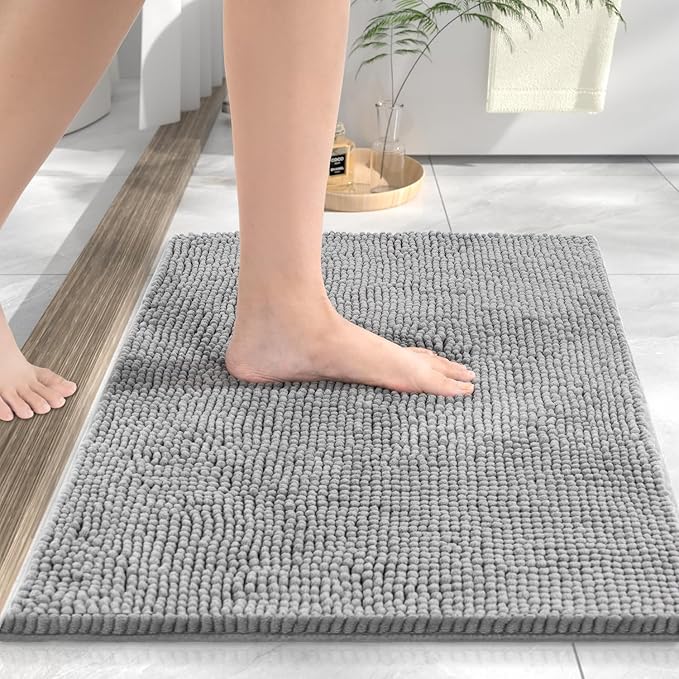 HITSLAM Chenille Bath Mat Non Slip Anti Mould, 60x40cm Ultra Soft Bathroom Mat, Super Absorbent Bath Mats for Bathroom, Machine-Washable Quick Dry Bath Foot Mat, Bath Rug for Shower and Tub, Grey