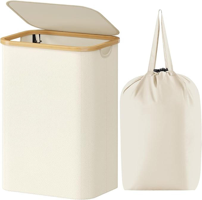 Lifewit 80L Laundry Basket with Lid, Clothes Hampers for Laundry with Bamboo Handles and Removable Laundry Bags, Large Foldable Laundry Hamper for Bedroom, Bathroom, Dorm,Laundry Room, White