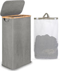 Slim Laundry Basket with Lid 60L, Washing Basket with Bamboo Handle and Lid, Foldable Laundry Baskets for Drity Cloth Toys Towels Storage with Removable and Washable Inner Bag (Grey)