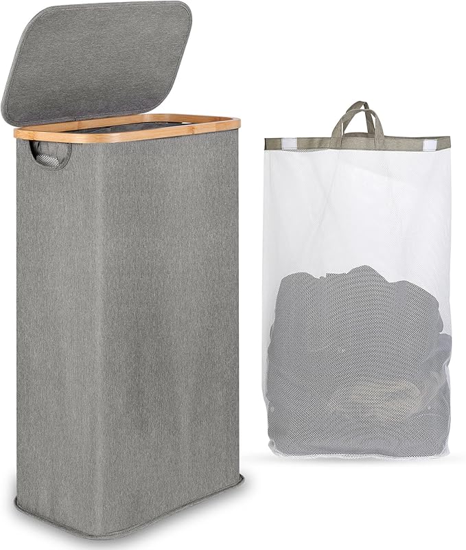 Slim Laundry Basket with Lid 60L, Washing Basket with Bamboo Handle and Lid, Foldable Laundry Baskets for Drity Cloth Toys Towels Storage with Removable and Washable Inner Bag (Grey)