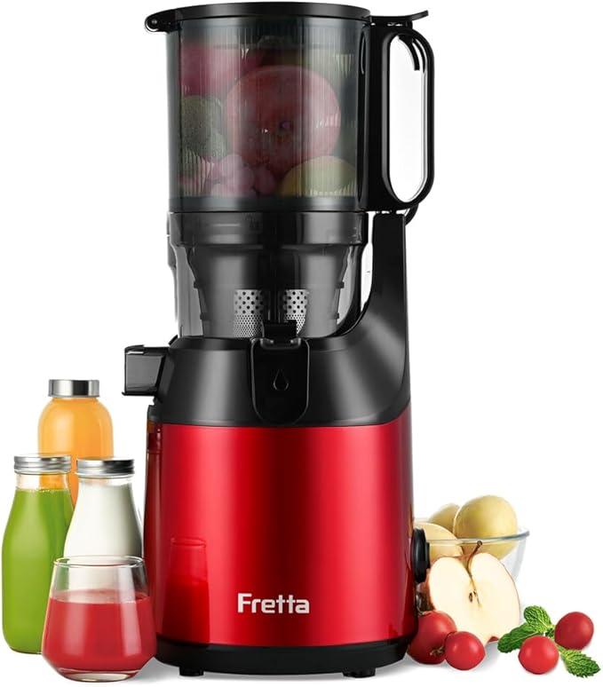 Cold Press Juicer, Fretta Slow Masticating Machines with 135mm&1.8L Chute, Fit Whole Fruits & Vegetables, Easy Clean,Self Feeding Juicer with High Juice Yield,PCTG BPA-Free, 250W (Red)