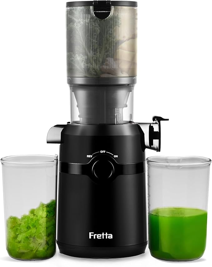 Fretta Cold Press Juicer Machines, Self-Feeding juicer with 108mm&1.0L Feeding Chute for Whole Fruits and Vegetables, Automatic 200W Masticating Juicer, High Yield Juice Extractor, BPA-Free, Black