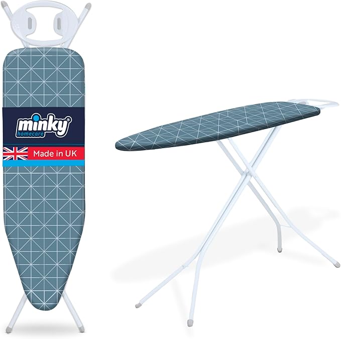 Minky Expert Blue Ironing Board | Large 122 x 38 cm Surface | Universal Height Adjustment | Steam-Flow Mesh | UK Manufactured