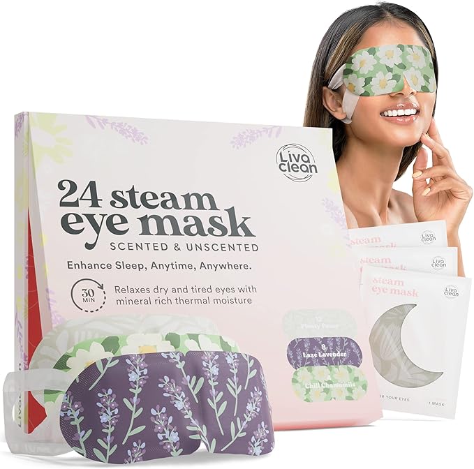 LivaClean 24 Steam Eye Mask for Dry Eyes, Dark Circles & Puffiness, Warm & Self Heating, Ear Hooks to Stay On, Lavendar, Chamile & Unscented, Disposable